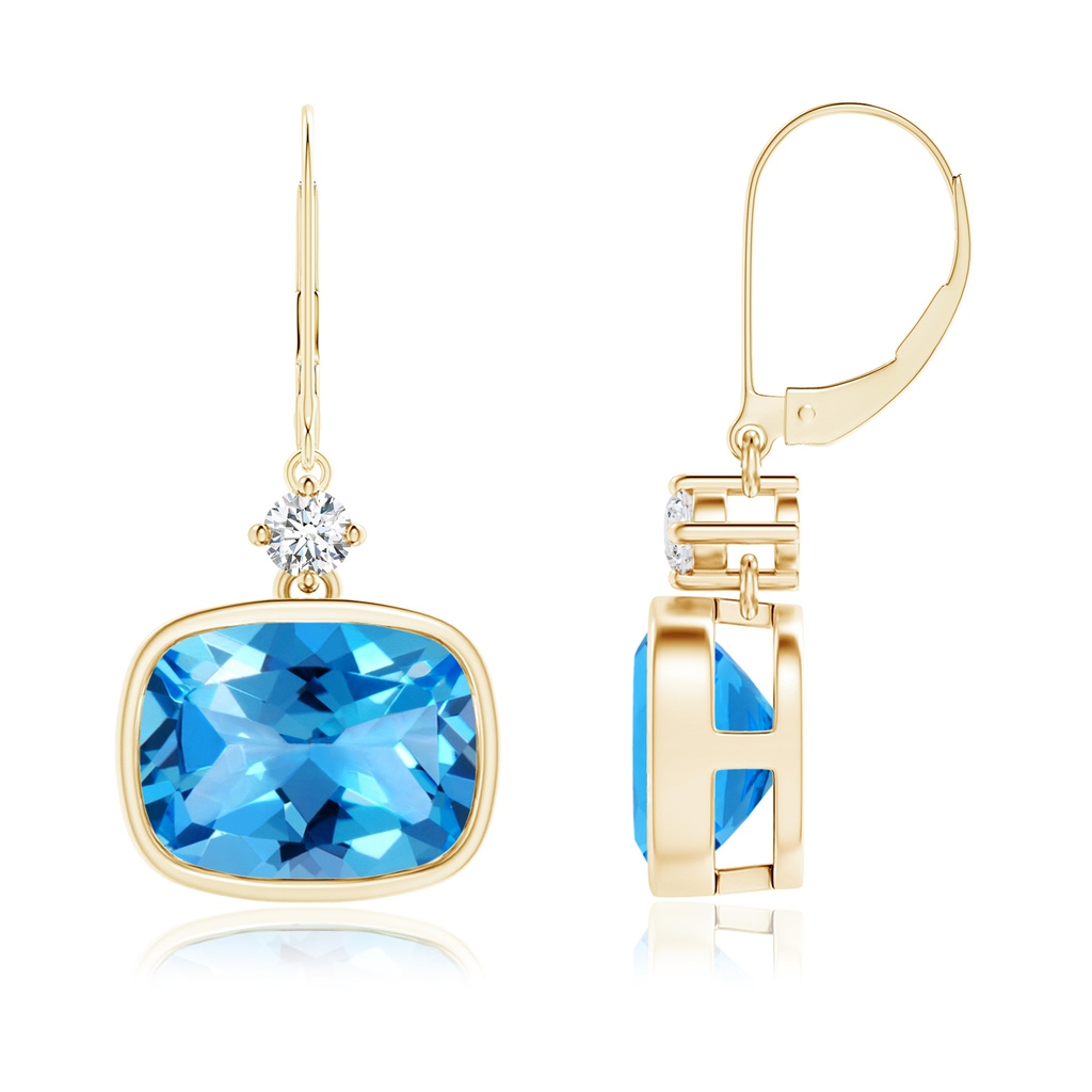 10x8mm AAAA Cushion Swiss Blue Topaz and Diamond Dangle Earrings in Yellow Gold