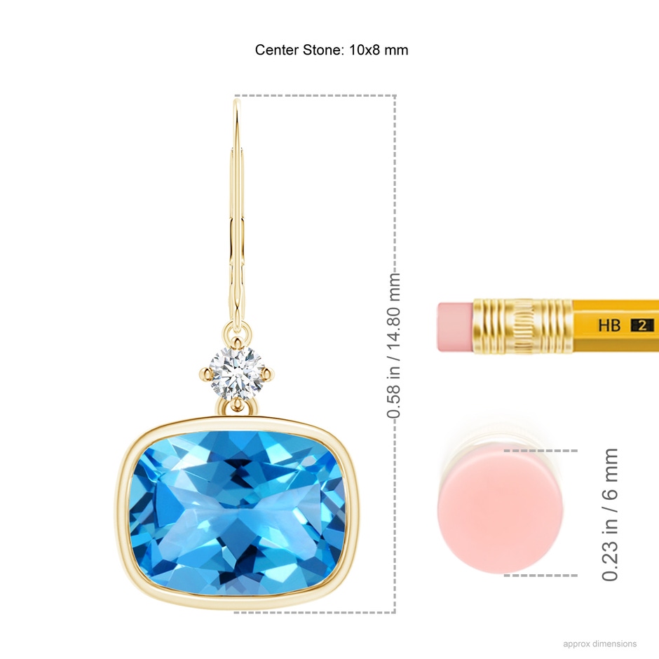 10x8mm AAAA Cushion Swiss Blue Topaz and Diamond Dangle Earrings in Yellow Gold product image