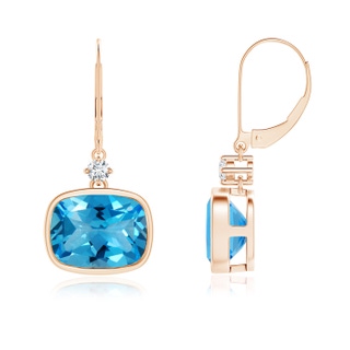 9x7mm AAAA Cushion Swiss Blue Topaz and Diamond Dangle Earrings in 10K Rose Gold