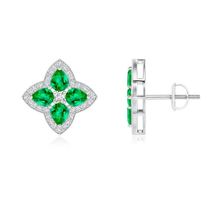 4x3mm AAA Pear-Shaped Emerald Clover Stud Earrings with Diamonds in White Gold