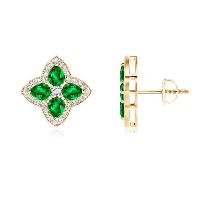 4x3mm AAAA Pear-Shaped Emerald Clover Stud Earrings with Diamonds in Yellow Gold