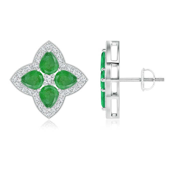 5x4mm A Pear-Shaped Emerald Clover Stud Earrings with Diamonds in P950 Platinum 