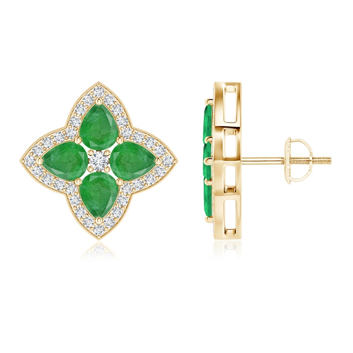 5x4mm A Pear-Shaped Emerald Clover Stud Earrings with Diamonds in Yellow Gold 