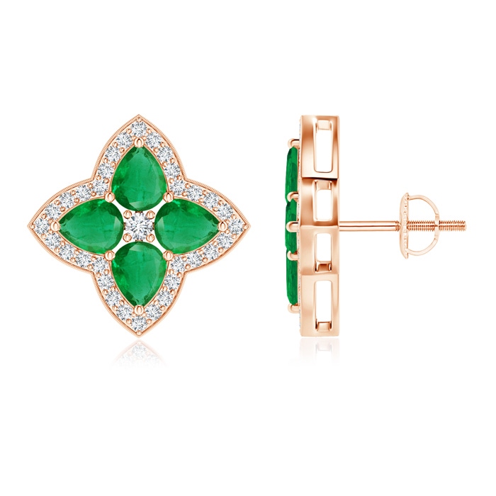 5x4mm AA Pear-Shaped Emerald Clover Stud Earrings with Diamonds in Rose Gold 