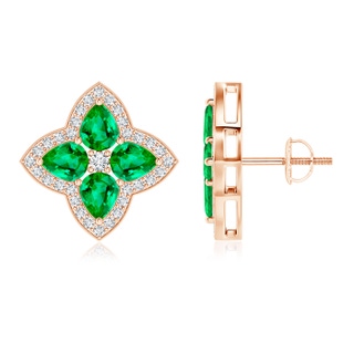 5x4mm AAA Pear-Shaped Emerald Clover Stud Earrings with Diamonds in Rose Gold