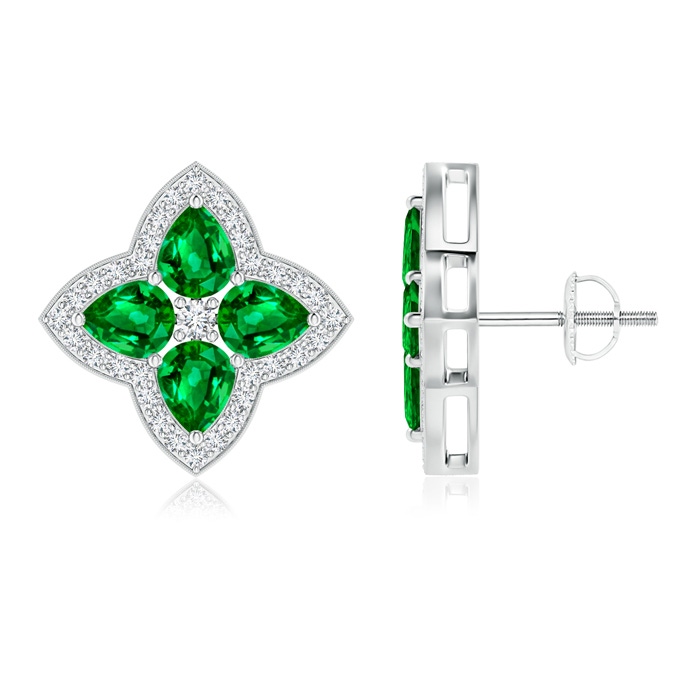 5x4mm AAAA Pear-Shaped Emerald Clover Stud Earrings with Diamonds in White Gold 