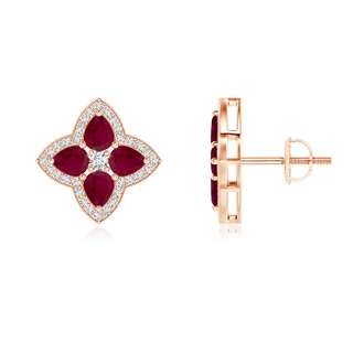 4x3mm A Pear-Shaped Ruby Clover Stud Earrings with Diamonds in 9K Rose Gold