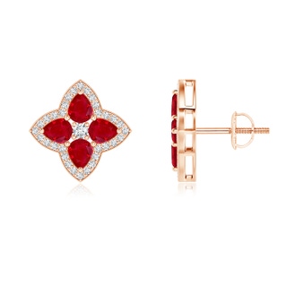 4x3mm AAA Pear-Shaped Ruby Clover Stud Earrings with Diamonds in 9K Rose Gold