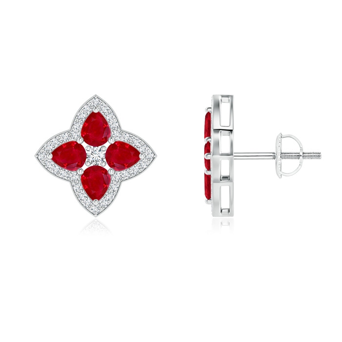 4x3mm AAA Pear-Shaped Ruby Clover Stud Earrings with Diamonds in White Gold 