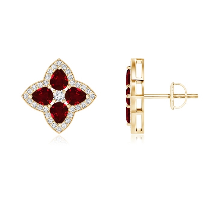 4x3mm AAAA Pear-Shaped Ruby Clover Stud Earrings with Diamonds in Yellow Gold
