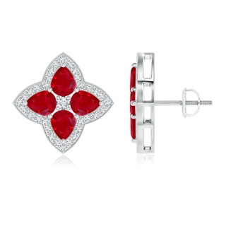 5x4mm AAA Pear-Shaped Ruby Clover Stud Earrings with Diamonds in P950 Platinum