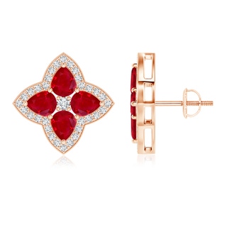 5x4mm AAA Pear-Shaped Ruby Clover Stud Earrings with Diamonds in Rose Gold