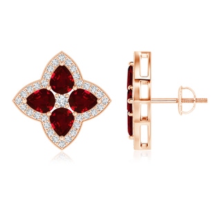 5x4mm AAAA Pear-Shaped Ruby Clover Stud Earrings with Diamonds in 9K Rose Gold