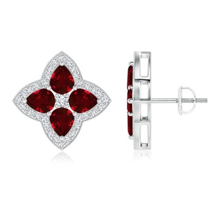 5x4mm AAAA Pear-Shaped Ruby Clover Stud Earrings with Diamonds in P950 Platinum