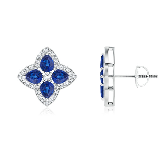 4x3mm AAA Pear-Shaped Sapphire Clover Stud Earrings with Diamonds in White Gold