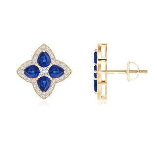 4x3mm AAA Pear-Shaped Sapphire Clover Stud Earrings with Diamonds in Yellow Gold