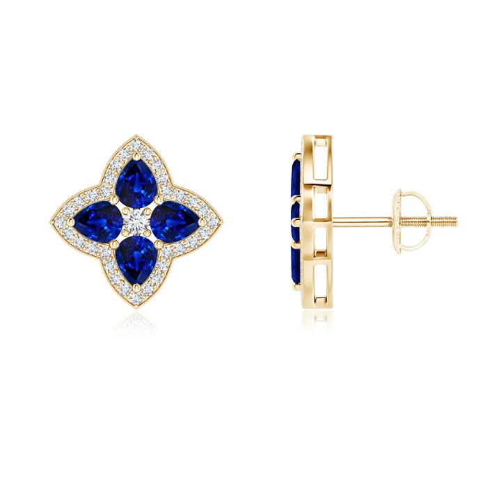 4x3mm AAAA Pear-Shaped Sapphire Clover Stud Earrings with Diamonds in Yellow Gold