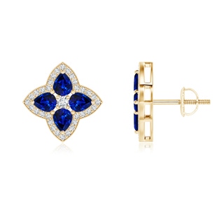 4x3mm AAAA Pear-Shaped Sapphire Clover Stud Earrings with Diamonds in Yellow Gold