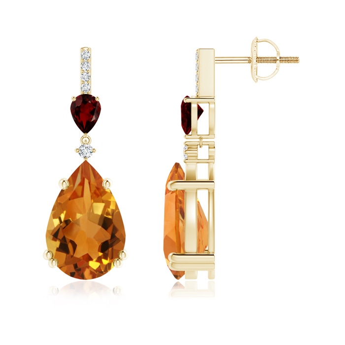 12x8mm AAA Pear-Shaped Citrine and Garnet Drop Earrings with Diamonds in Yellow Gold 