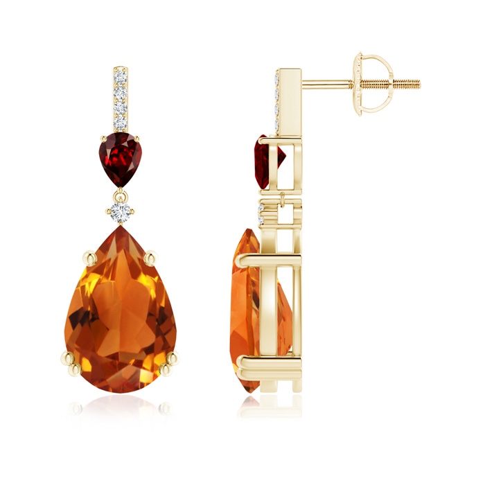 12x8mm AAAA Pear-Shaped Citrine and Garnet Drop Earrings with Diamonds in Yellow Gold