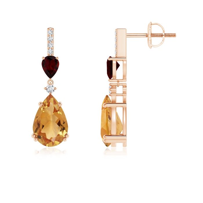 9x6mm A Pear-Shaped Citrine and Garnet Drop Earrings with Diamonds in Rose Gold 