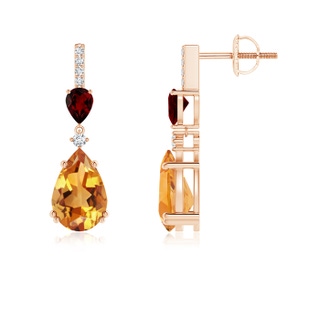 9x6mm AA Pear-Shaped Citrine and Garnet Drop Earrings with Diamonds in 9K Rose Gold