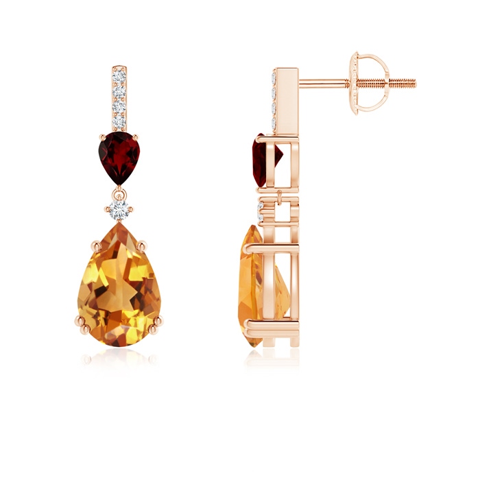 9x6mm AA Pear-Shaped Citrine and Garnet Drop Earrings with Diamonds in 9K Rose Gold 