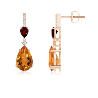 9x6mm AAA Pear-Shaped Citrine and Garnet Drop Earrings with Diamonds in 9K Rose Gold