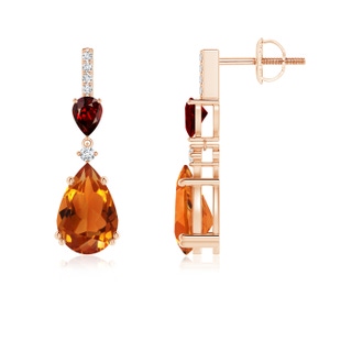 9x6mm AAAA Pear-Shaped Citrine and Garnet Drop Earrings with Diamonds in 9K Rose Gold