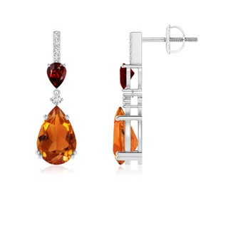 9x6mm AAAA Pear-Shaped Citrine and Garnet Drop Earrings with Diamonds in White Gold