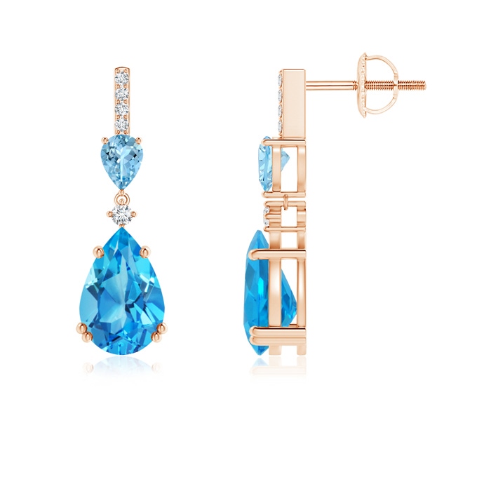 9x6mm AAAA Pear-Shaped Swiss Blue Topaz and Aquamarine Drop Earrings in Rose Gold 