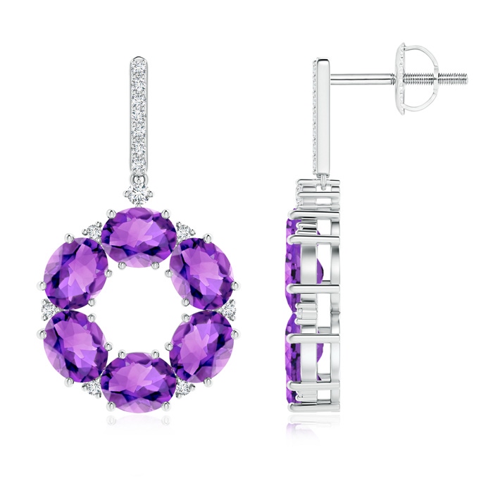 5x4mm AAA Oval Amethyst Circle Dangle Earrings With Diamond Accents in White Gold