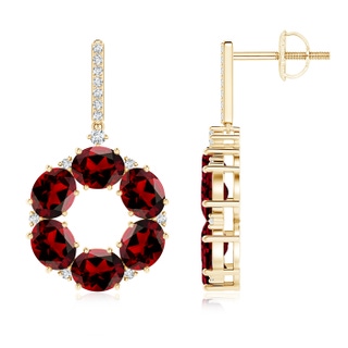 5x4mm AAAA Oval Garnet Circle Dangle Earrings With Diamond Accents in Yellow Gold