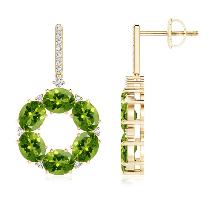 5x4mm AAAA Oval Peridot Circle Dangle Earrings With Diamond Accents in Yellow Gold