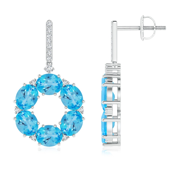 5x4mm AAA Oval Swiss Blue Topaz Circle Dangle Earrings with Diamonds in White Gold