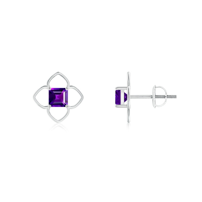 4mm AAAA Solitaire Square Amethyst Clover Stud Earrings in P950 Platinum