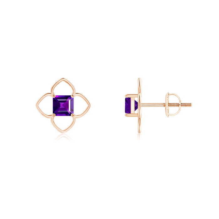 4mm AAAA Solitaire Square Amethyst Clover Stud Earrings in Rose Gold