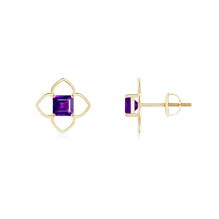 4mm AAAA Solitaire Square Amethyst Clover Stud Earrings in Yellow Gold