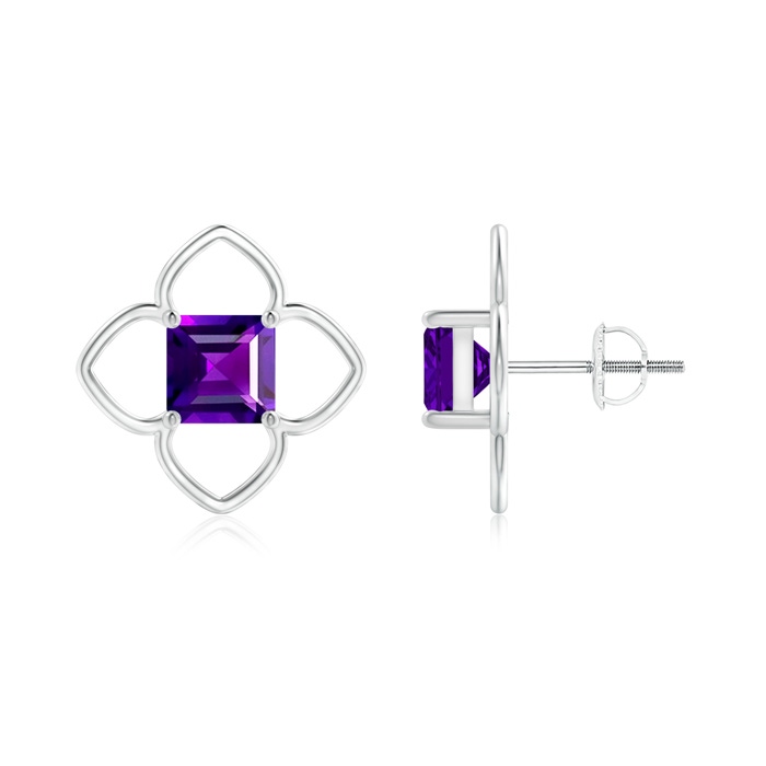 6mm AAAA Solitaire Square Amethyst Clover Stud Earrings in White Gold