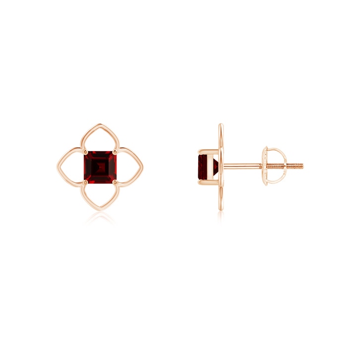 4mm AAAA Solitaire Square Garnet Clover Stud Earrings in Rose Gold