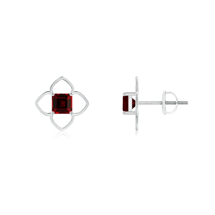 4mm AAAA Solitaire Square Garnet Clover Stud Earrings in White Gold
