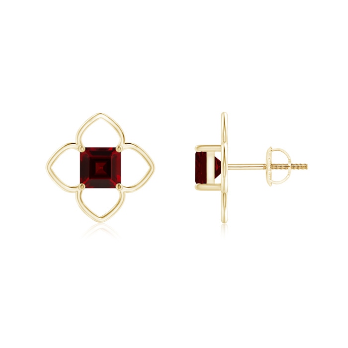 5mm AAA Solitaire Square Garnet Clover Stud Earrings in Yellow Gold