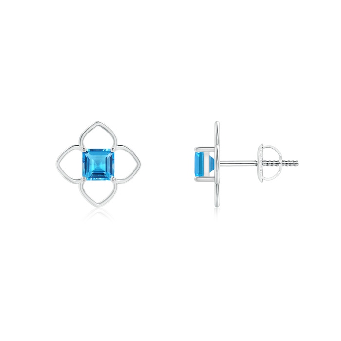 4mm AAAA Solitaire Square Swiss Blue Topaz Clover Stud Earrings in White Gold