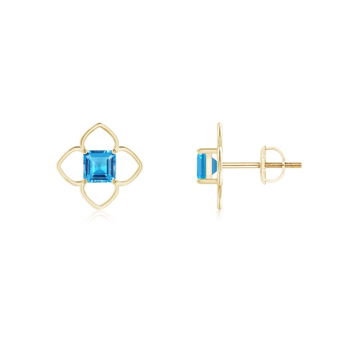 4mm AAAA Solitaire Square Swiss Blue Topaz Clover Stud Earrings in Yellow Gold