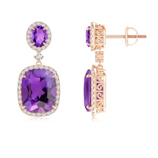 10x8mm AAA Two Tier Claw-Set Amethyst Dangle Earrings with Diamond Halo in Rose Gold