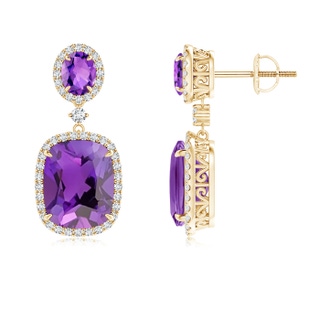 10x8mm AAA Two Tier Claw-Set Amethyst Dangle Earrings with Diamond Halo in Yellow Gold