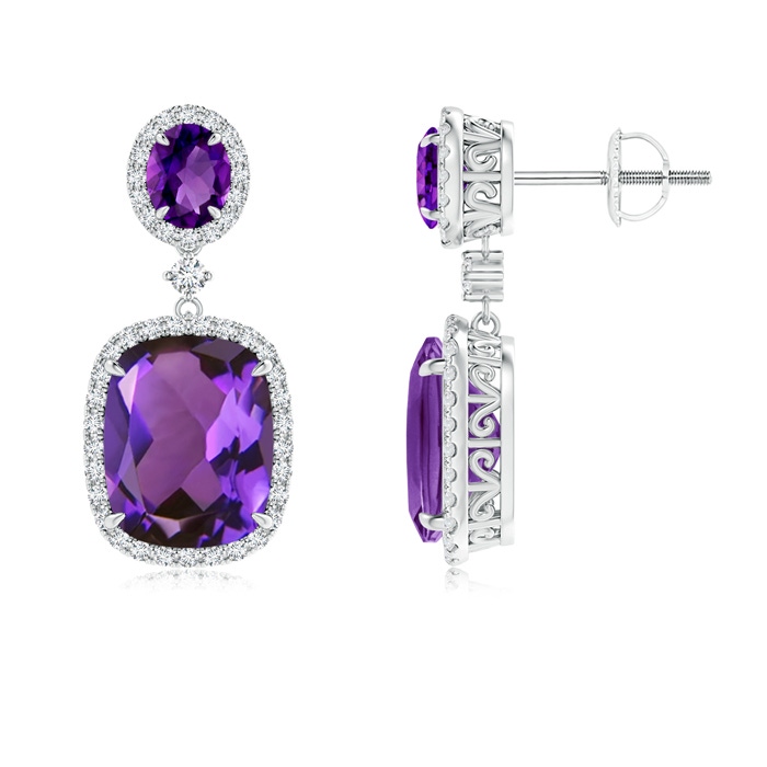 10x8mm AAAA Two Tier Claw-Set Amethyst Dangle Earrings with Diamond Halo in White Gold 