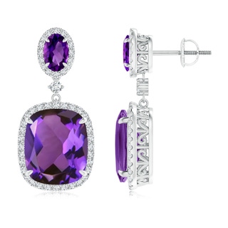 12x10mm AAAA Two Tier Claw-Set Amethyst Dangle Earrings with Diamond Halo in P950 Platinum