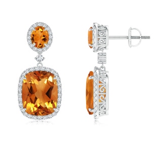 10x8mm AAA Two Tier Claw-Set Citrine Dangle Earrings with Diamond Halo in White Gold