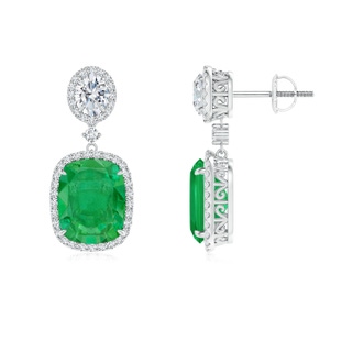10x8mm AA Two Tier Claw-Set Emerald Dangle Earrings with Diamond Halo in P950 Platinum